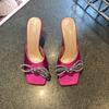 Thin Heel Rhinestone High Heel Slippers Women's 2025 Fashion Square Head Large Size Satin One Word Bow Sandals