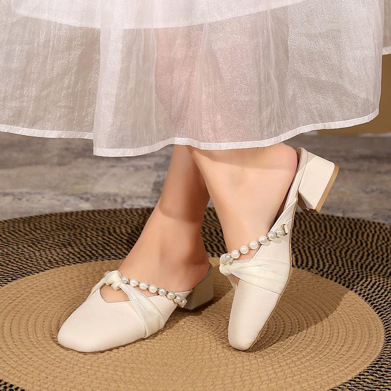 Fashion Women's Fashion Baotou Thick Heel Sandals Spring New Square Head Shallow Mouth Beads A Slip-on Soft Sole Slippers