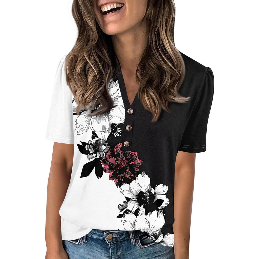 Женский модный повседневный свитер с коротким рукавом и принтом на пуговицах и V-образным вырезом