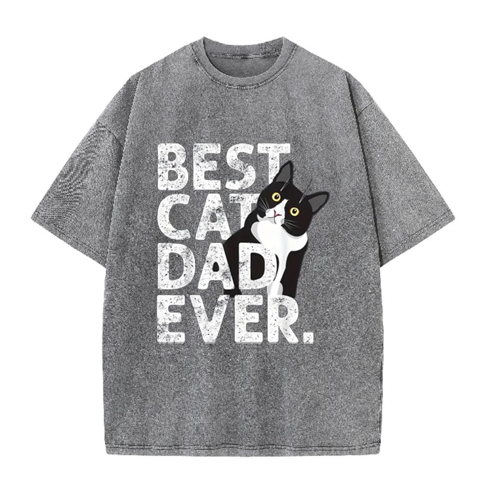 2026 Vintage Washed Black Best Cat Dad Ever Graphic T Shirt Tuxedo Cat Animal Letter Print Oversized Casual Short Sleeve Tee