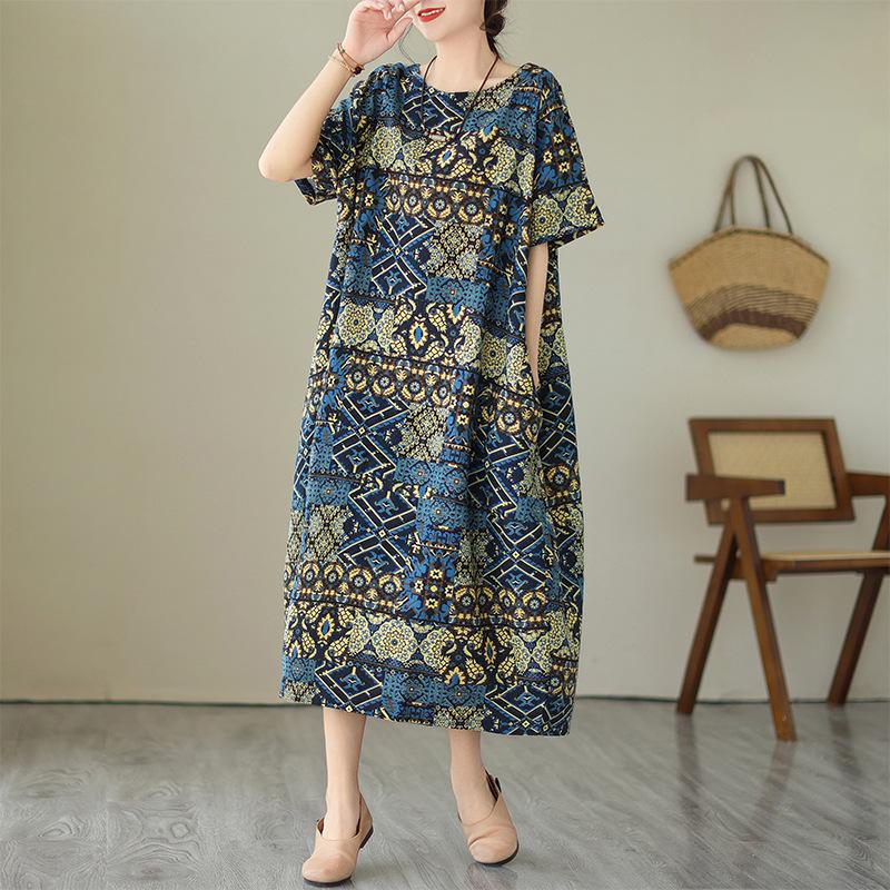Summer Cotton Linen Art Retro Slimming Short Sleeved Dress for Women Casual Dresses