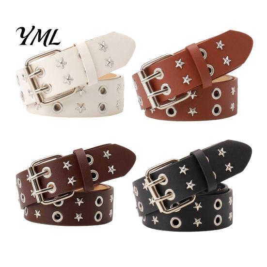 Cool Girl Style Belt 105cm Studded Punk for Women, Faux Leather Grommet Waist Edgy Fashion with Double Prong Buckle, Jean Accessory Music Festival