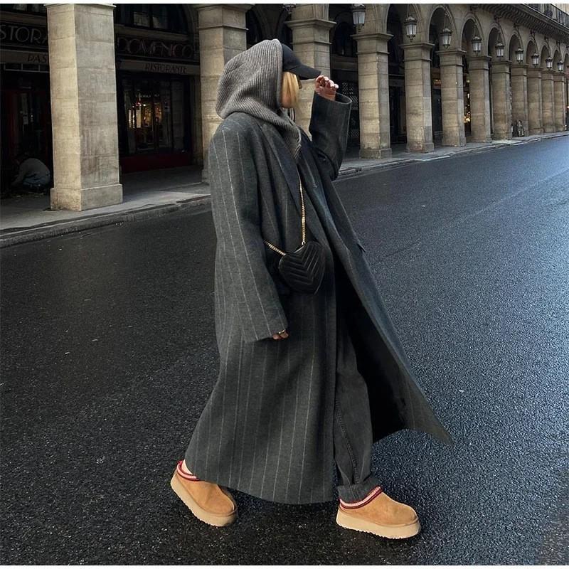 Womens Wool Blend Longline Blazer Coat With Stripe Notched Lapel