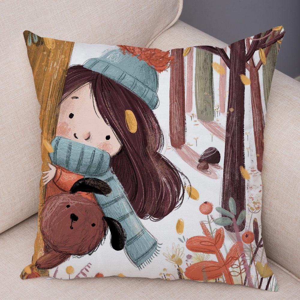 Super Soft Plush Pillow Case for Sofa Home Watercolor Cartoon Girl Cushion Cover Decor Fairy Tale World Lovely Child Pillowcase
