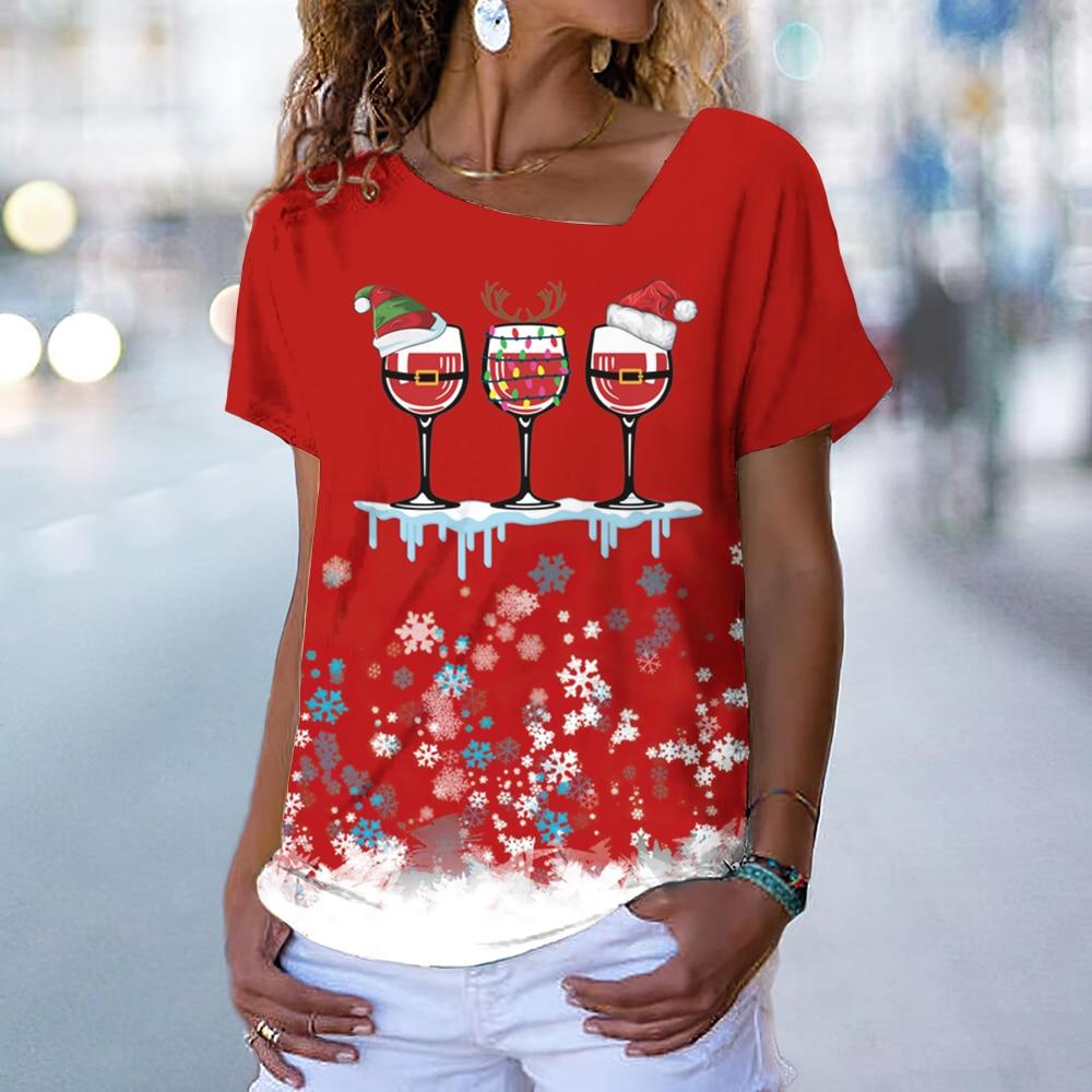 Новая рождественская женская футболка, модная футболка с красным бокалом для вина и 3d принтом, футболки с v-образным вырезом, летняя повседневная винтажная футболка, праздничная женская одежда