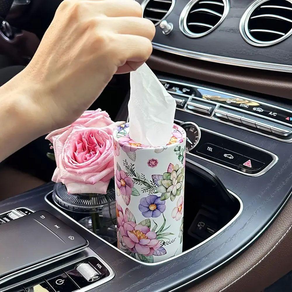 1Pcs Paper Cylinder Paper Cup Holder with Flower Cylinder Box Car Home Tissues Holder  Car Interior