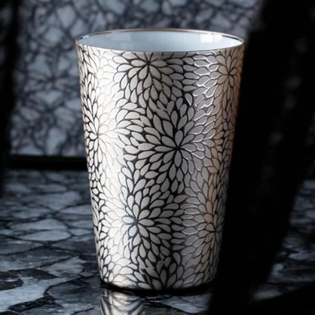 Platinum Tumbler with Chrysanthemum in a Wooden Made in Japan J-Kitchens Ultra-Thin Design, 370ml, Box,
