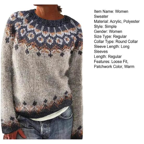 Женский свитер с круглым вырезом, длинным рукавом, в стиле пэчворк, вязаный топ, свободный подол, трикотаж с принтом, зимняя одежда