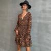 Spring and Autumn Women's Dress Fashion Long Sleeve V-Neck Leopard Print Dresses