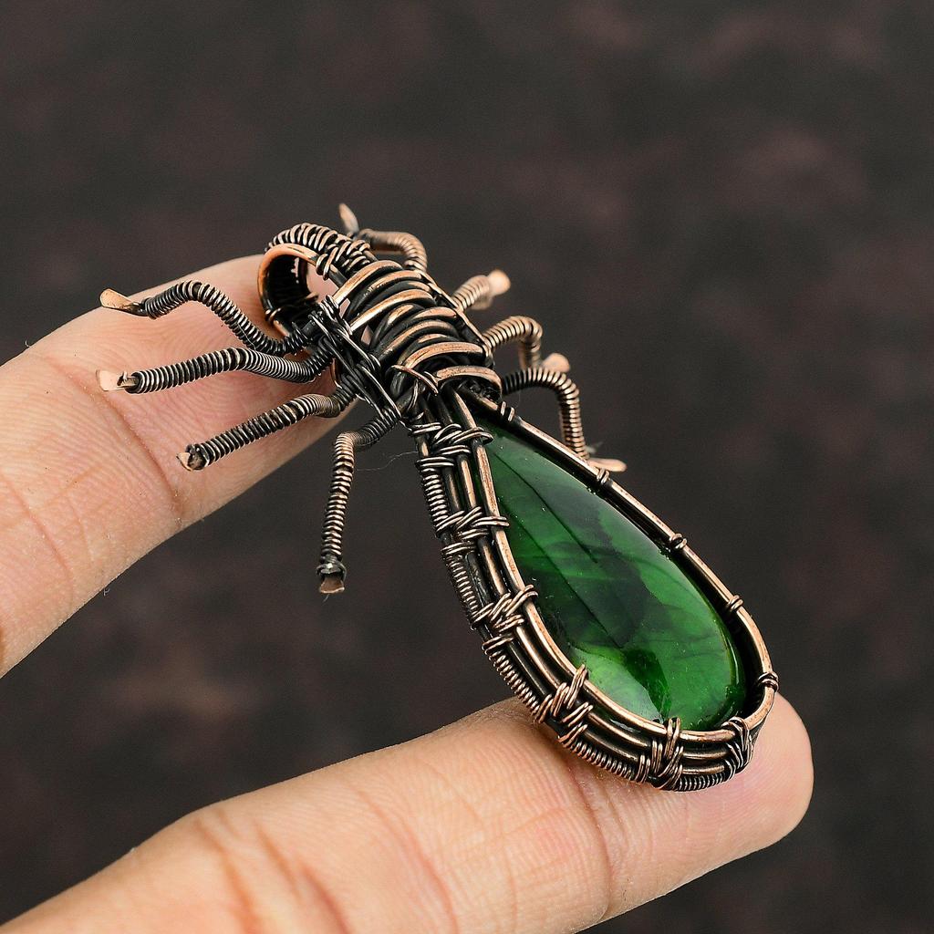 Подвеска из лабрадорита зеленого огня, медная проволока, кулон с драгоценным камнем, медные дизайнерские украшения для подарка, подвеска-паук ручной работы, антикварные ювелирные изделия