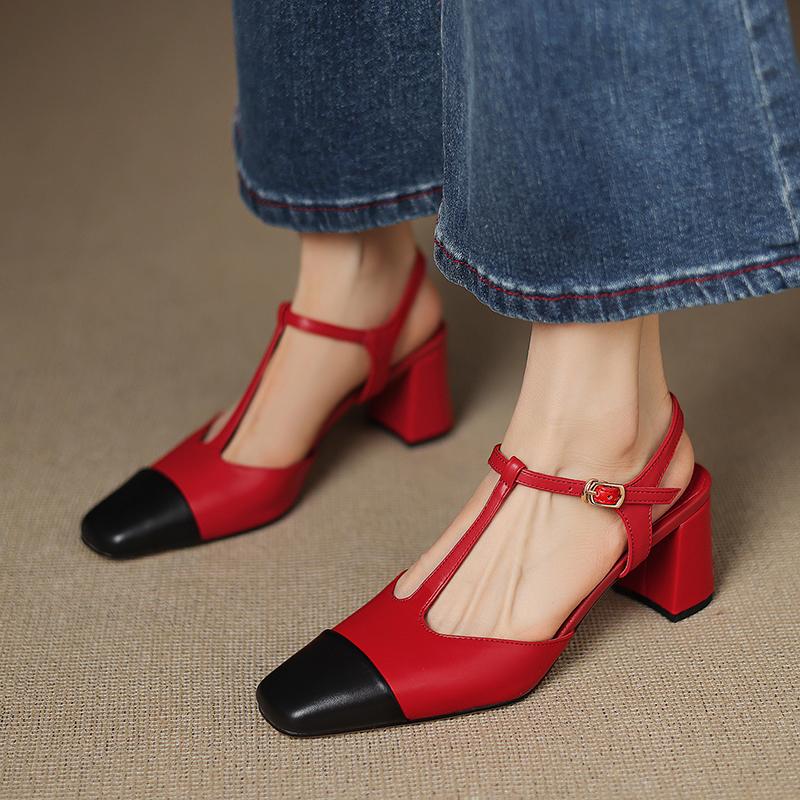 Мода 2025 Женская летняя обувь Смешанные цвета Туфли на высоком каблуке для женщины Натуральная кожа Квадратный носок Повседневная обувь Женские офисные туфли