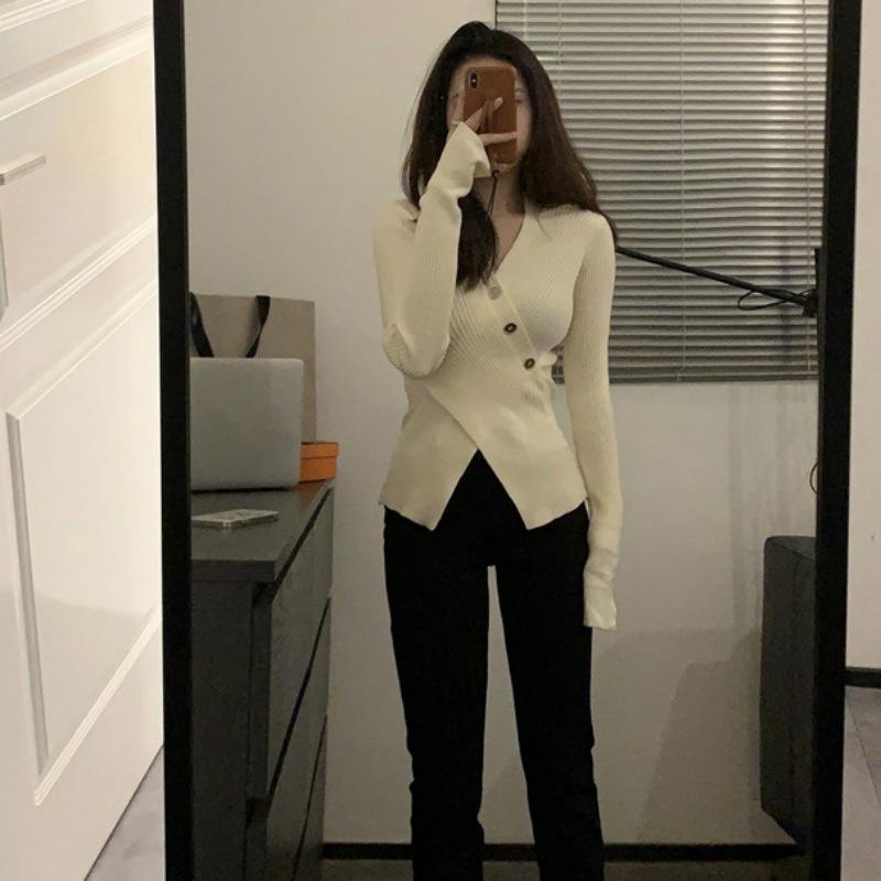 Весенне-осенний женский свитер, нижний свитер, повседневный уникальный вязаный свитер с внутренней крестовиной и v-образным вырезом в полоску внизу