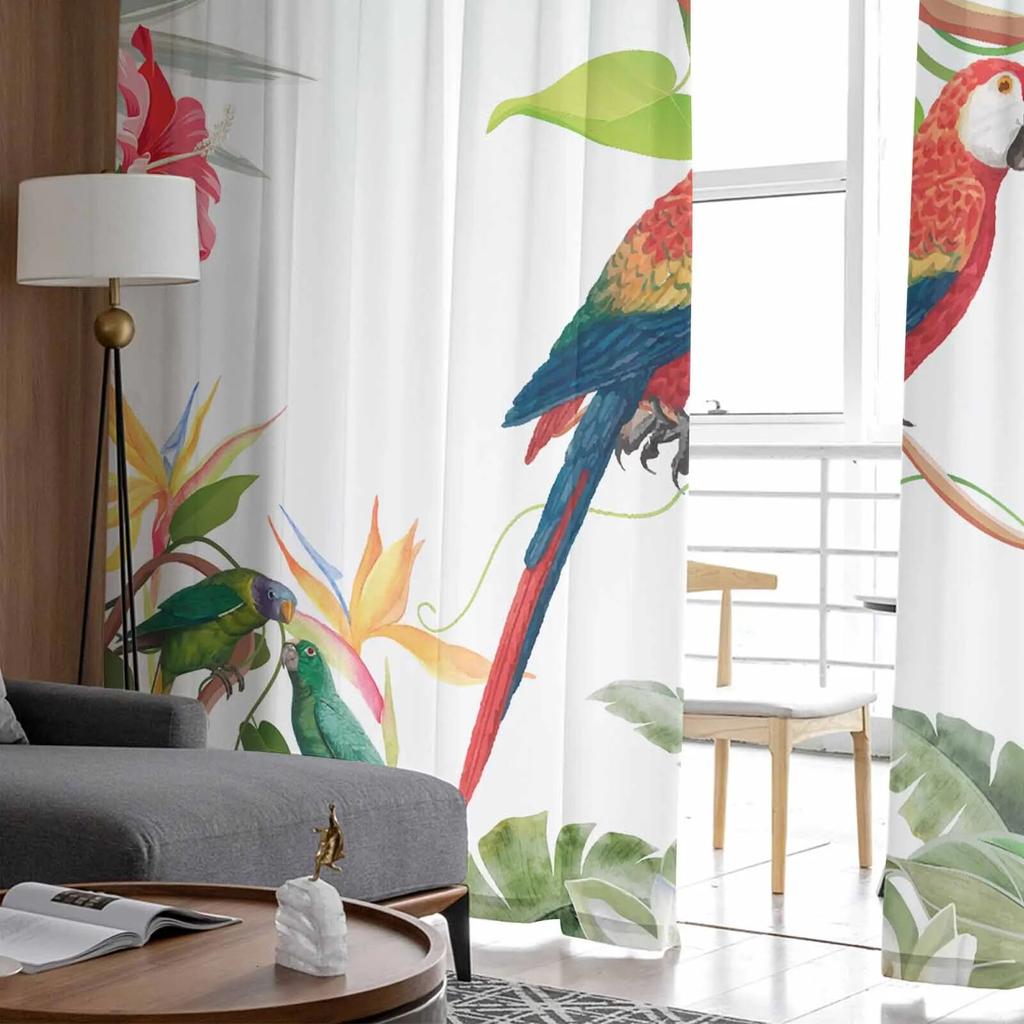 Прозрачные шторы с тропическими листьями и цветами попугая для гостиной, кухни, оконные шторы, тюлевые занавески для спальни, вуали