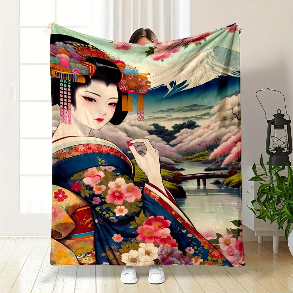 Floral kimono design with cherry blossoms and Mount Fuji in the background. for all seasons blanket lunch break throw gift