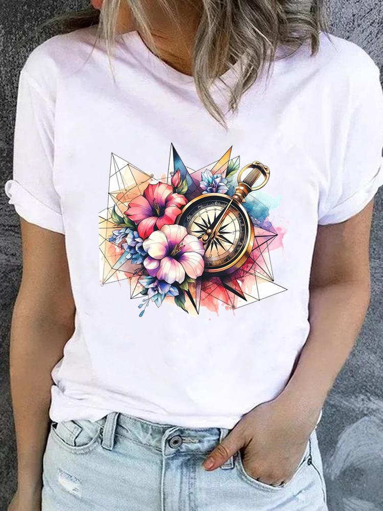 (Азиатский размер) Футболка с круглым вырезом и принтом бабочка цветок милая одежда Топ с коротким рукавом футболка повседневная мода принт женская женская графическая футболка