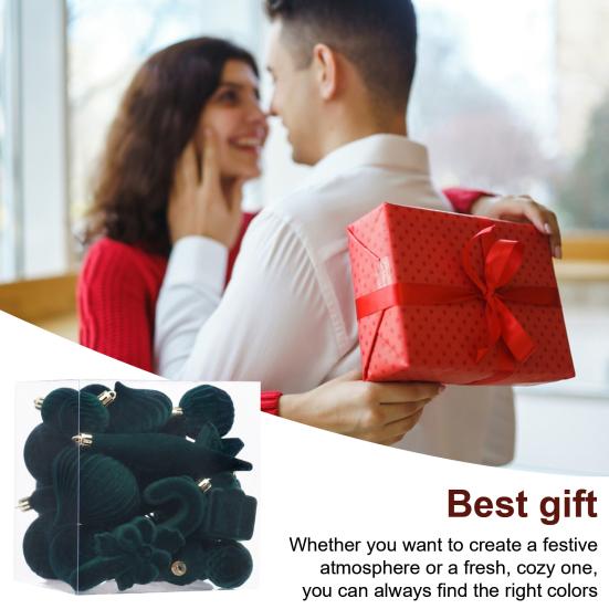 Набор из 28 бархатных елочных украшений: флокированные шары, звезда, елка