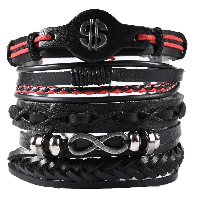 Retro Men's 5-Piece Adjustable Cross-Woven Leather Bracelet Set - National Style