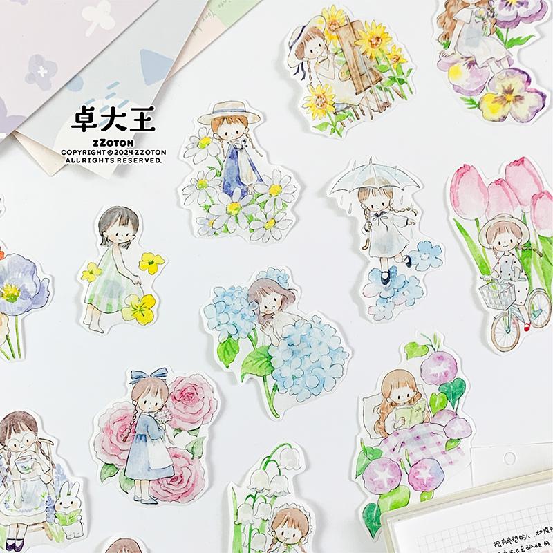 ZZOTON Cute Flower Girl Die-cut Sticker Journal Material