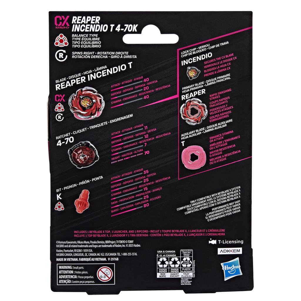 Beyblade X Shinigami Incendio T CX Starter Pack Set with Balanced Top and Authentic Takara Tomy Battle Top Game Toy for Boys and Girls 4-70K Launcher;