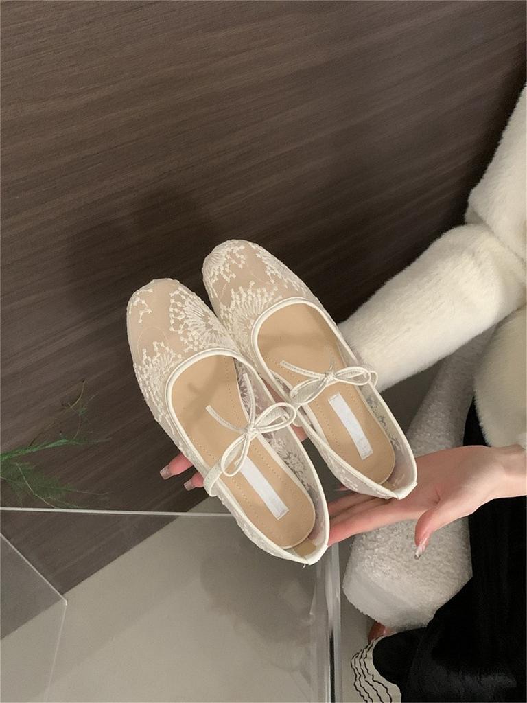 2025 Spring New Flat-bottomed French Pink Lace Mesh Breathable Mary Jane Single Shoes Women's Evening Shoes