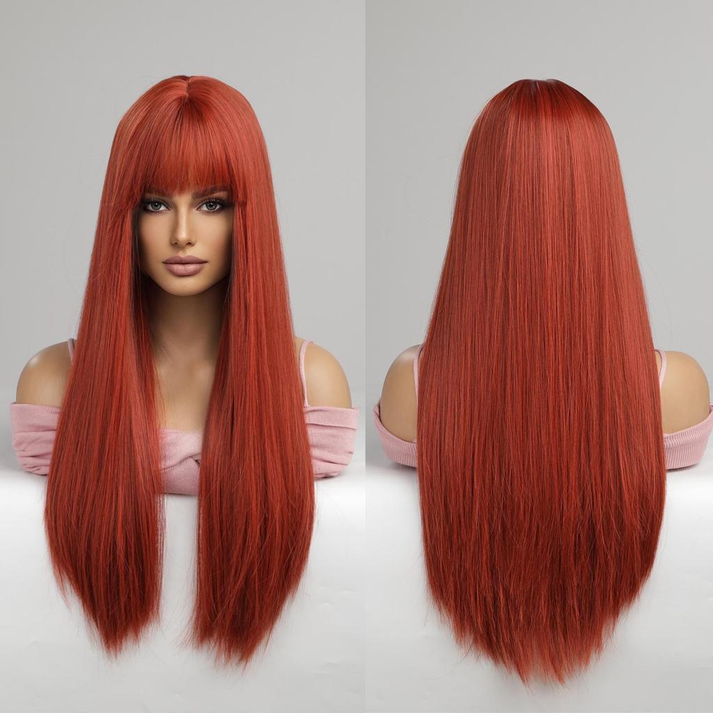 ALAN EATON Long Straight Ombre Black Red Brown Synthetic Wigs for Women Heat Resistant Fiber Natural Looking Wig with Bangs