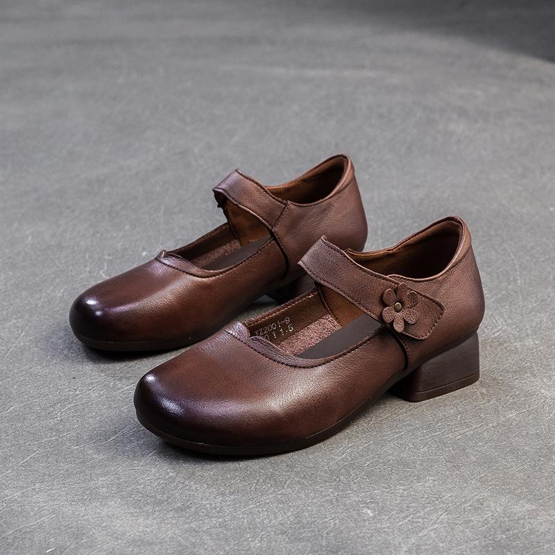 Мода 2025 Осень Новые Ретро Туфли Мамы Кожа первого слоя Одинарные туфли Удобные Туфли женские с круглым носком
