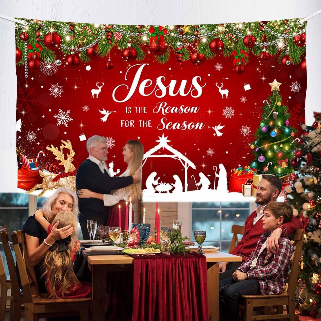 MEHOFOND Jesus is The Reason for The Season Backdrop Banner, Nativity Xmas Tree Snowflake Christmas Party Decorations, W