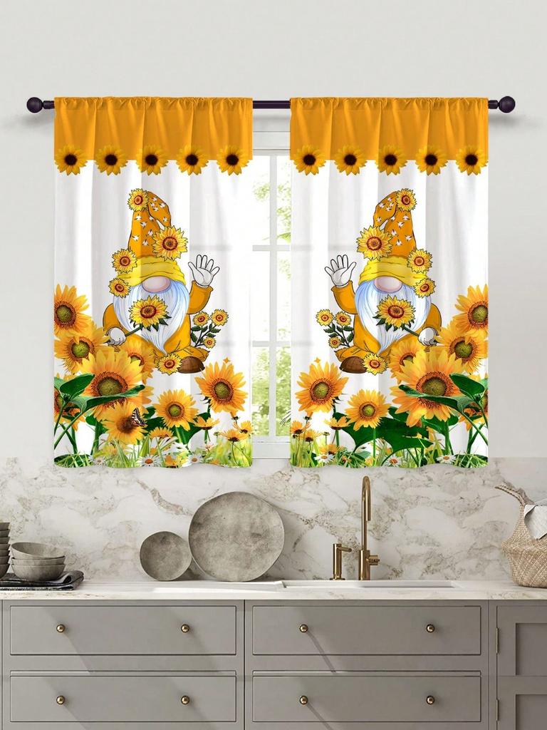 2 шт. Новые современные свежие клетчатые подсолнухи с цифровой печатью для украшения дома, короткие занавески для окна кухни с карманом на штанге