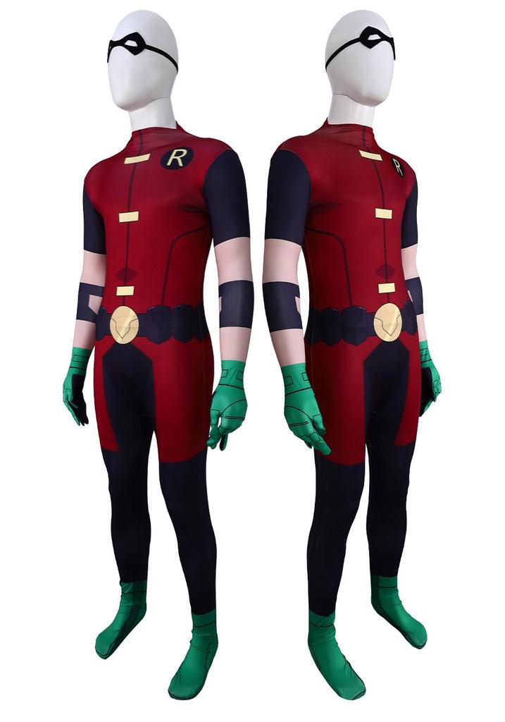 Teen Titans Robin Cosplay Costume Set with Batman Cape for Halloween or Stage Performances.