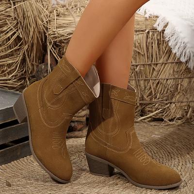 Ретро-сапоги из искусственной замши в стиле вестерн, женские, осень 2025 года, остроносые, на высоком каблуке, ботильоны, женские, с вышивкой, на толстом каблуке