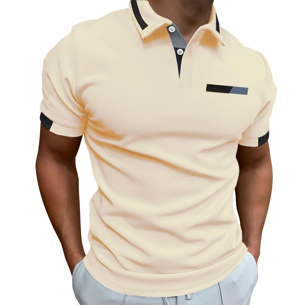 New Men's Short-Sleeved Casual Polo Shirt with Imitation Chest Pocket, Collar and Button-Front Business T-Shirt Top for Men