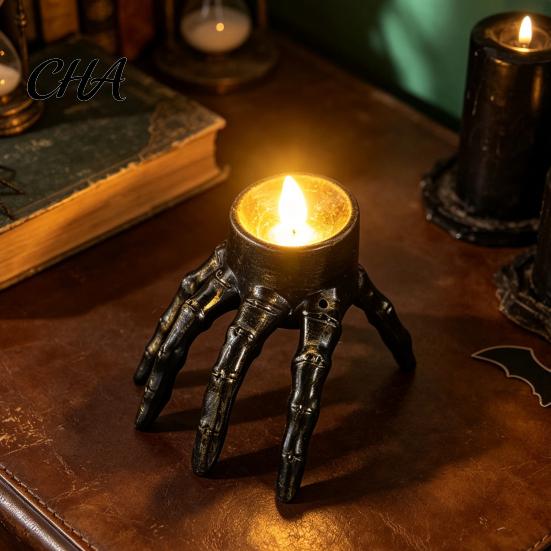 Reusable Festival Ornament Halloween Skeleton Hand Candle Light, Gothic Creepy Skull Hands Fake LED Creative Decoration for Table Centerpiece,