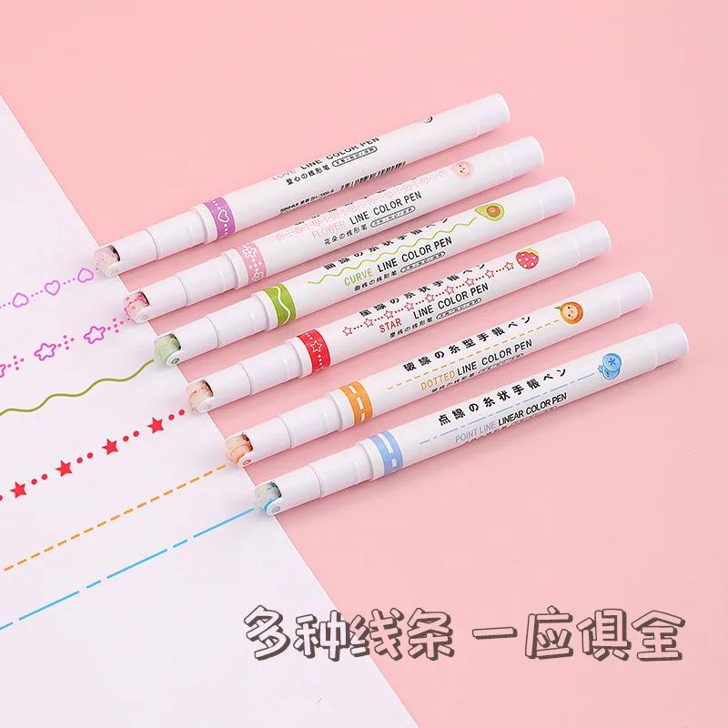 6pcs Curve Wave Line Art Marker Pens Set Color Love Star Cloud Point Stamp Liner Highlighter Pen for Drawing Diary School