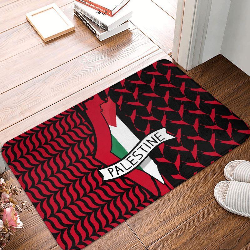 Palestine Flag Welcome Door Mat Kufiya Hatta Print Non Slip Entrance Floor Mat Indoor Flannel Rug for Bathroom Kitchen Bedroom
