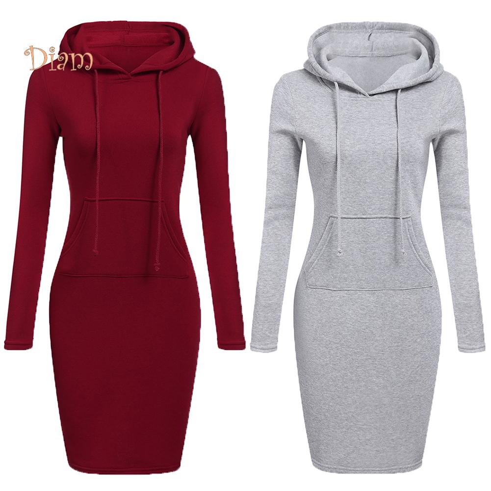 FASHION-MALL Однотонные Худи с Длинным Рукавом Bodycon для Женщин Платье-Худи до Колен