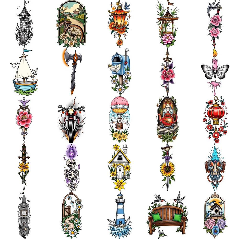 28pcs Temporary Tattoo Waterproof Long-lasting Body Stickers Battle Axe Tattoo Hot Air Balloon Illustration For Men Shoulders