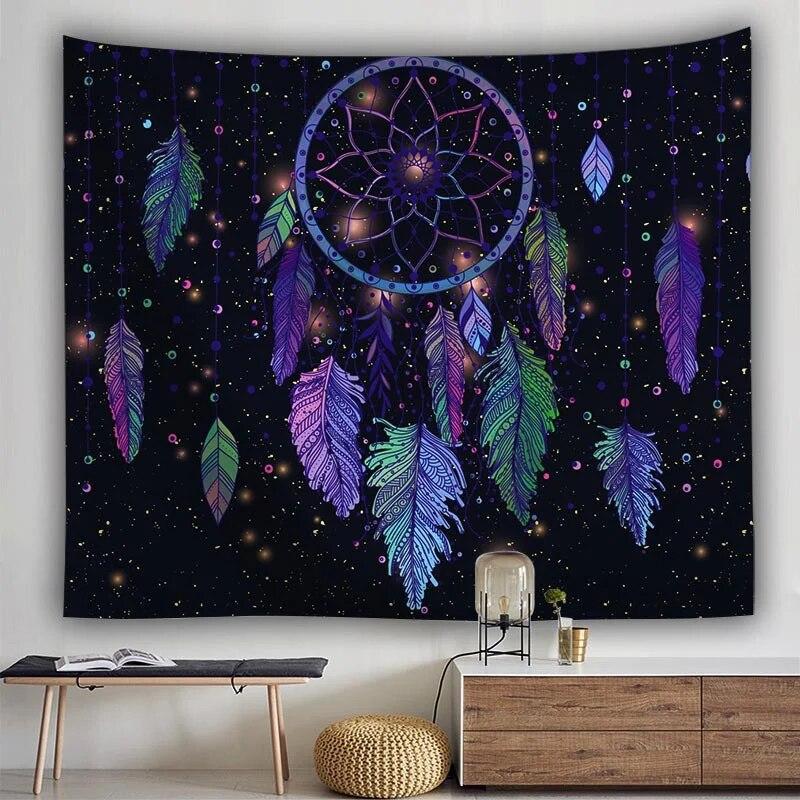 Богемный гобелен «Ловец снов» с психоделическим пером, мистический декор, настенный ковер в стиле хиппи для спальни, пляжное полотенце, домашний декор