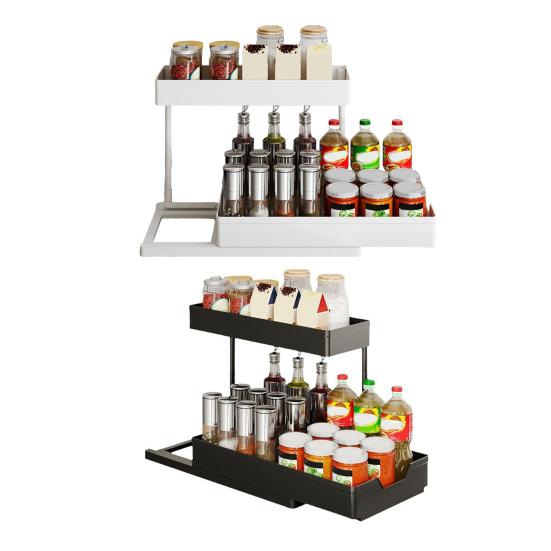Kitchen Cabinet Pull-Out Storage Rack Under-Sink Organizer Large Capacity 2 Tier L-Shape Easy Installation