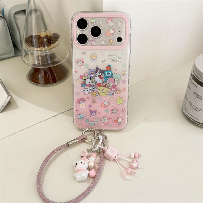 Matching Hello Kitty Charm Wrist Strap Print Phone Case For iPhone 15 16 17 Pro Max INS Cute Sweet Style Large Window Shockproof