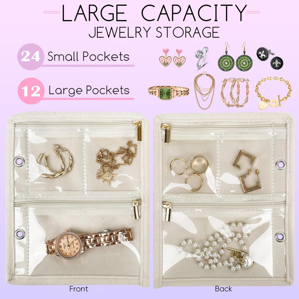 Travel Jewelry Organizer Case,Jewelry Bags Jewelry Storage Book Binder with Clear Zipper Velvet Pouch for Traveling,Earrings