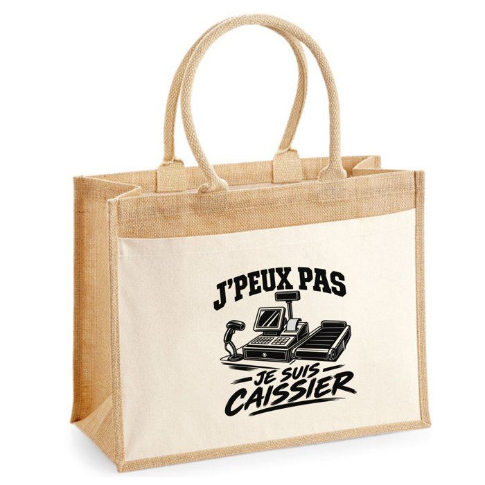 Sac Cabas Jute avec Poche J’peux pas je suis Caissier J'peux pas minimaliste | Toile de Jute et Coton 21 L Fond Plat Anses 65 cm
