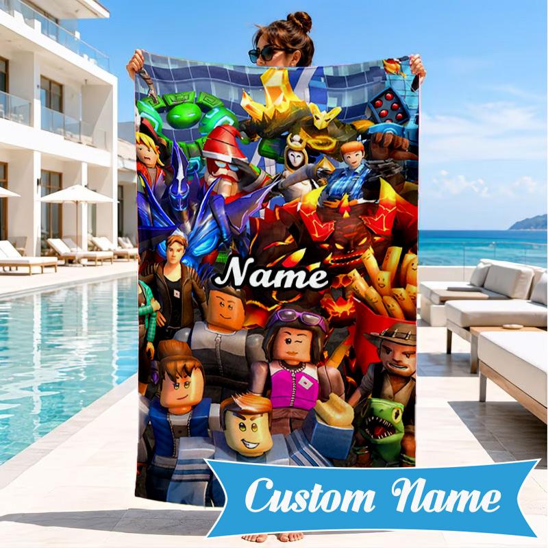 Custom Name Ro-blox Adventure Quests Beach Towel Microfiber Beach Towel, Lightweight and Quick-Dry, for Summer Travel, Swimming Pool Gift