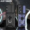 KEYSION Shockproof Case for Honor 90 5G 90 Lite 5G Slide Camera Lens Protection Ring Stand Phone Cover for Huawei Honor 70 Lite