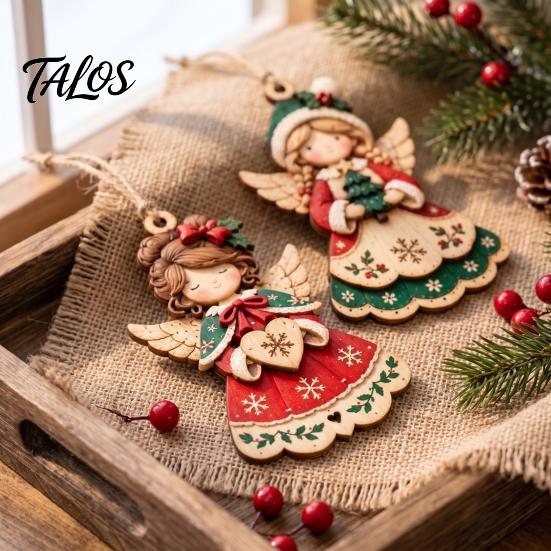 Indoor Christmas Window Decorations 6Pcs Wooden Angel Ornaments, 2D Flat Hanging Ornaments with Hemp Rope, Rustic Home Decor Retro Pendants