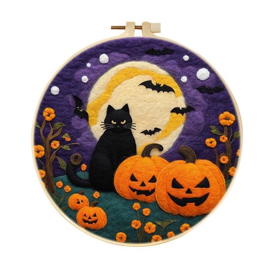 Halloween Needle Felting Kit Beginner Felt Craft Set DIY Felt Painting with Faux Wool Needle Frame Stamped Fabric for Adults Handcraft Lovers