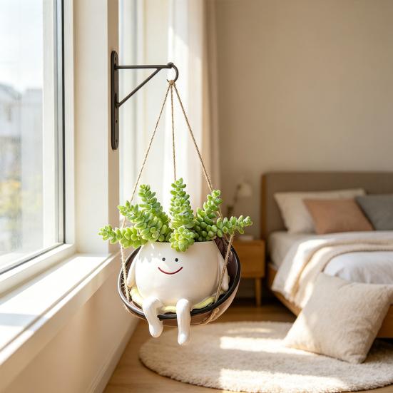 Hanging Swing Chair Planter Pot Cute Smile Face Flower Pot for Indoor Outdoor Plants Resin Head Plant Pots