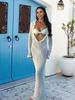 Sexy Frill Big V Neck Hollow Out Long Sleeve Maxi Dress Summer 2025 Feminine Swimwear Bikini Cover Up Women Holiday Outfits K221