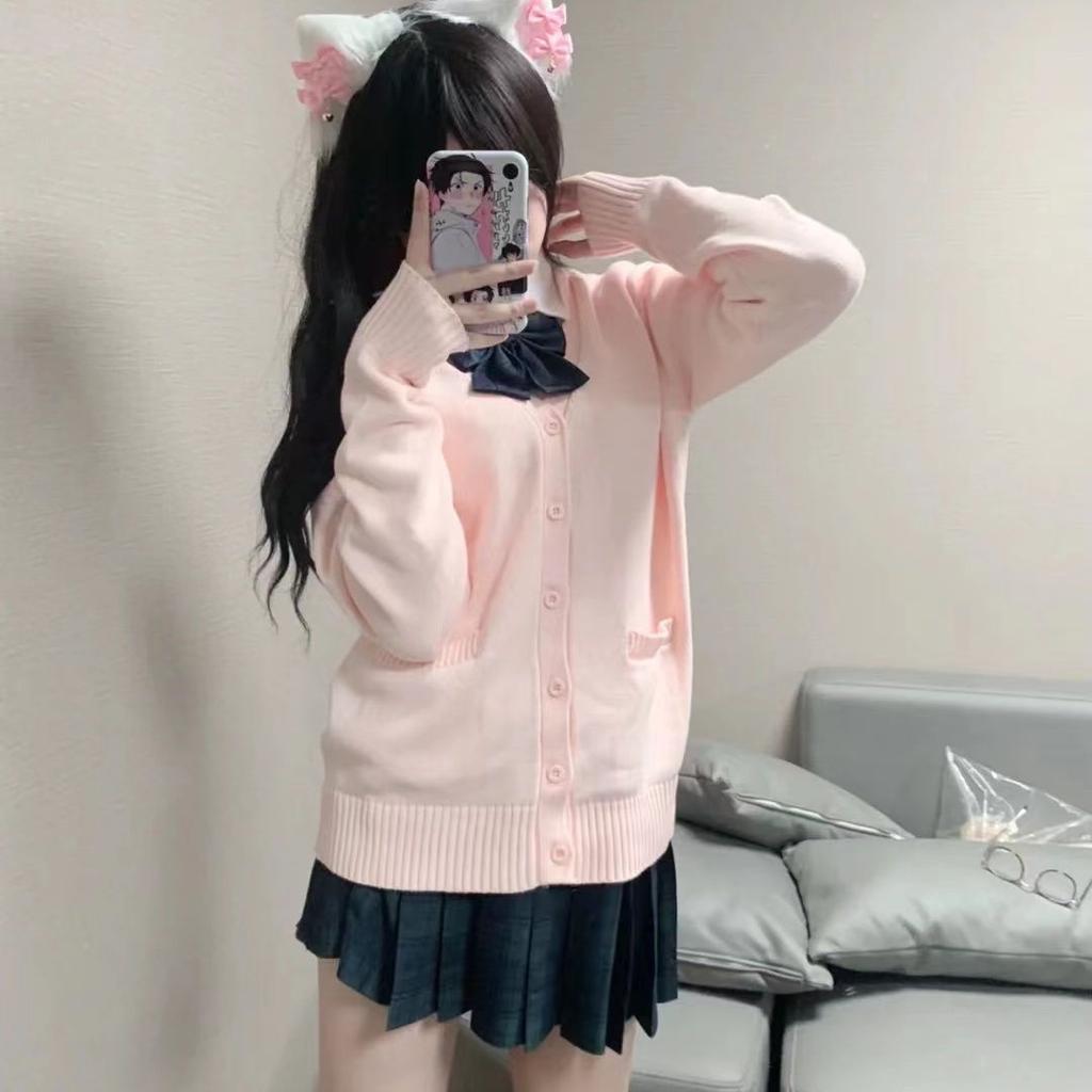 Preppy Style Jk Uniform Cardigan Sweater Japanese Style Women V-Neck Knitted Elastic Solid Slim Long Sleeve Harajuku Casual Coat
