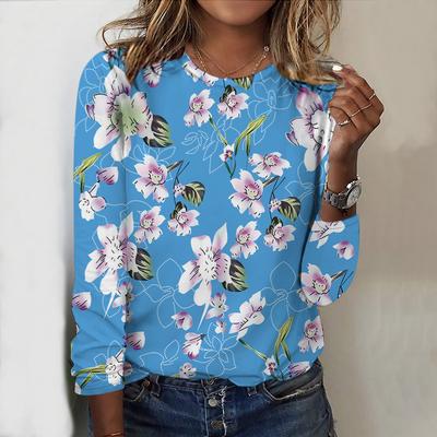 Топы на весну и осень с принтом персикового цвета, круглым вырезом и длинными рукавами, футболка, повседневный тонкий женский топ с длинными рукавами