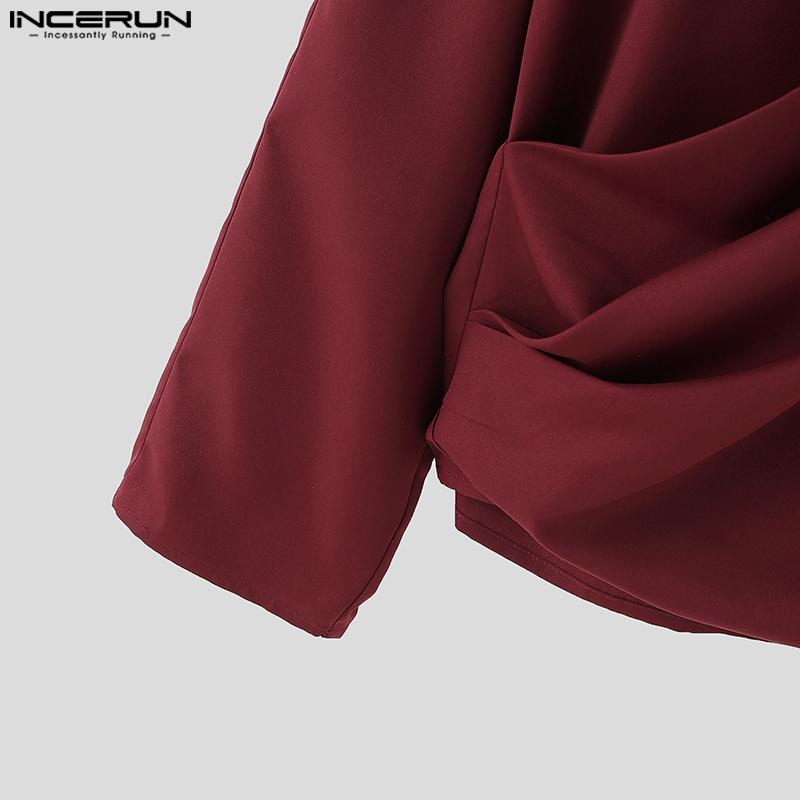 INCERUN Мужские рубашки с длинным рукавом и оборками, топы с открытым передом, повседневные топы